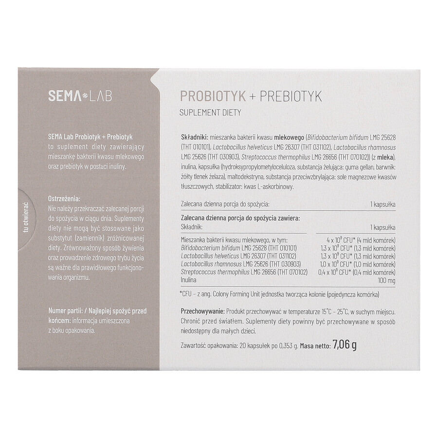 SEMA Lab Probiotic + Prebiotic, 20 capsule cu eliberare întârziată