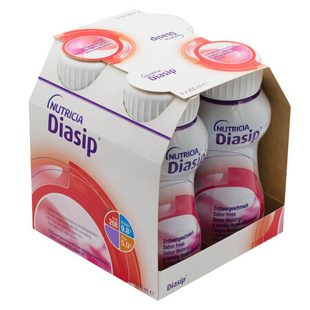 Diasip, préparation nutritionnelle pour diabétiques, goût fraise, 4 x 200 ml