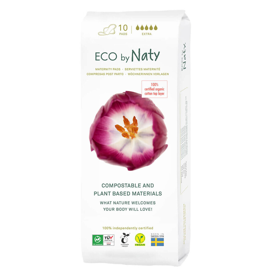 Eco by Naty, tampoane postpartum ecologice, compostabile, Extra, 10 buc