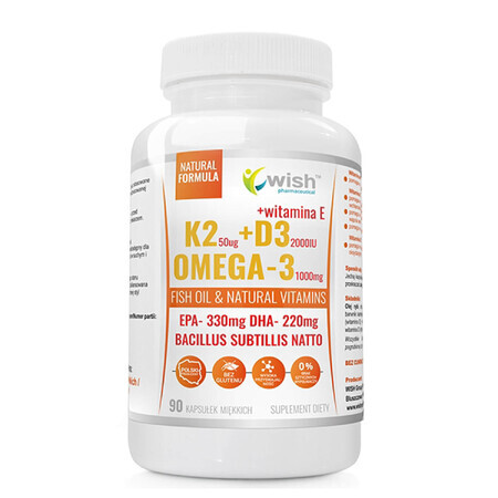 Wish K2 50 µg +D3 2000 IU+ Omega-3 1000 mg + vitamine E, 90 capsules molles