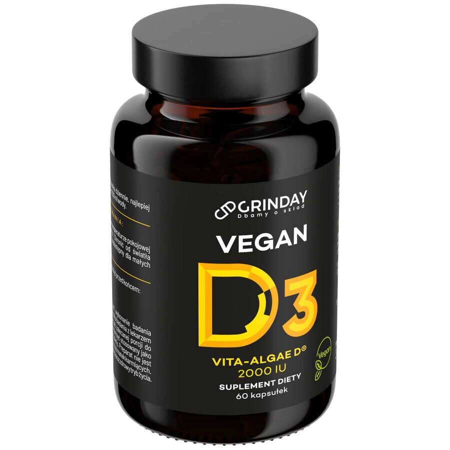 Grinday Vegan D3, veganistische vitamine D3 2000 IE, 60 capsules