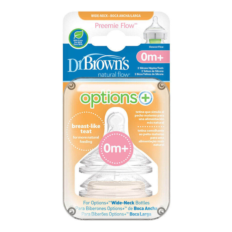 Dr. Brown&#39;s, Options+ tetina para biberón de boca ancha, nivel Preemie, para bebés prematuros, 2 piezas