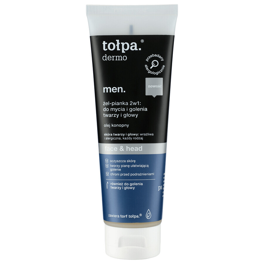 Tolpa Dermo Men Face &amp; Head, gel-mousse 2-en-1 pour le nettoyage et le rasage du visage et de la tête, 100 ml