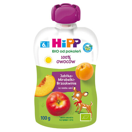 HiPP HiPPiS Bio mousse de frutas, manzanas, melocotones, mirabeles, después de 6 meses, 100 g