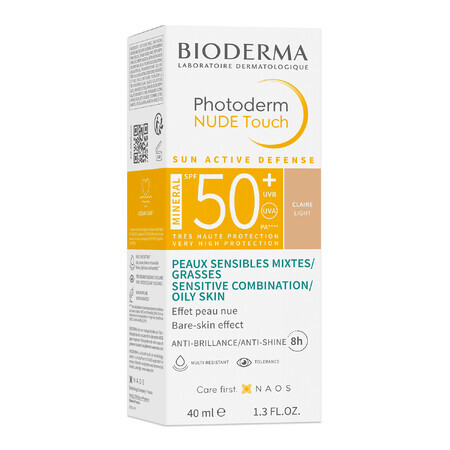 Bioderma Photoderm Nude Touch, fond de teint minéral à effet nude, teinte claire, SPF 50+, 40 ml