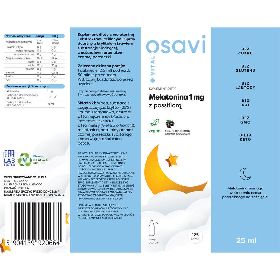 Osavi Vital Melatonin 1 mg cu Passiflora, spray oral, aromă de coacăze negre, 25 ml