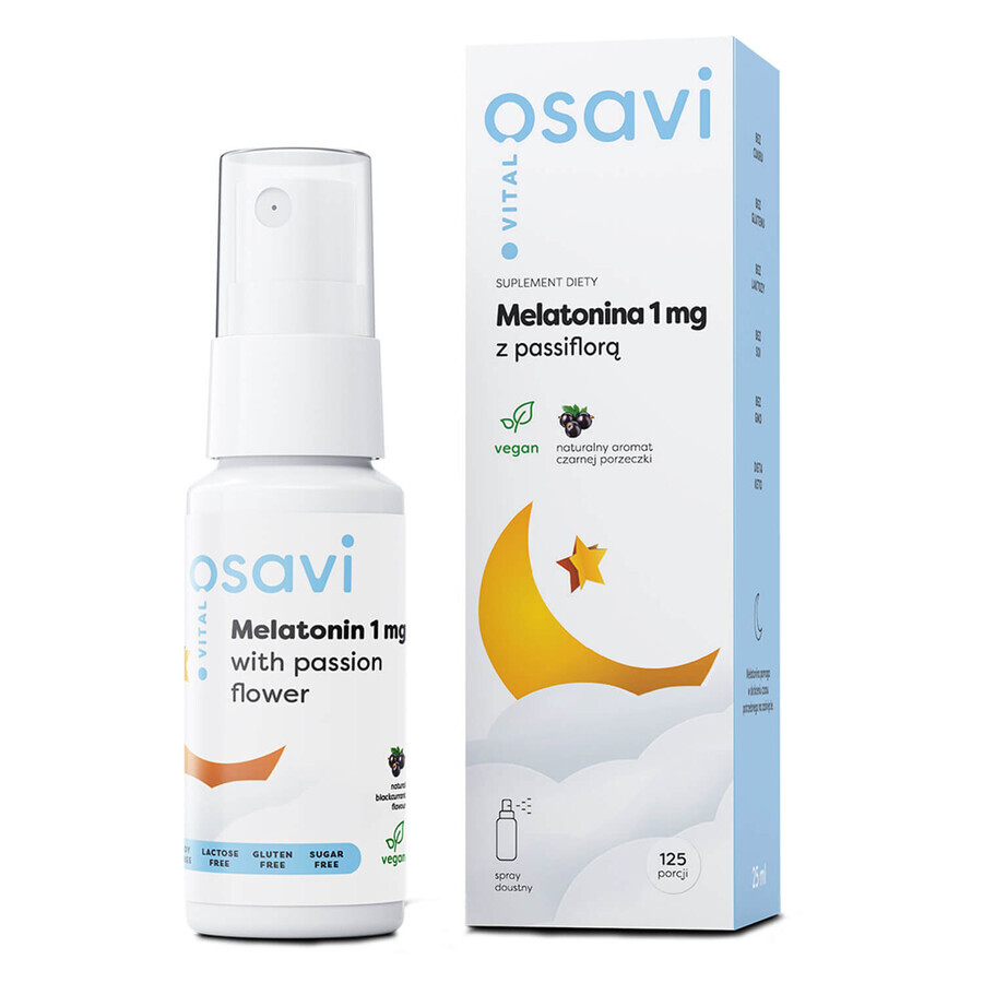 Osavi Vital Melatonin 1 mg cu Passiflora, spray oral, aromă de coacăze negre, 25 ml