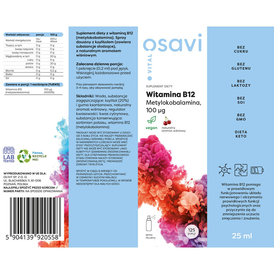 Osavi Vital Vitamine B12, méthylcobalamine 100 µg, spray buccal, arôme cerise, 25 ml