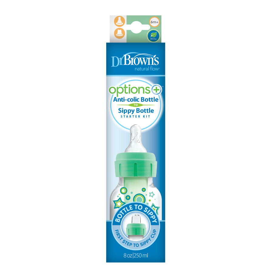 Dr. Brown's Options+, Fles-op-kopset, antikolffles met smalle hals en speen maat 3, 250 ml + druppelloos mondstuk, groen