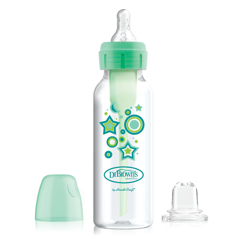 Dr. Brown's Options+, Fles-op-kopset, antikolffles met smalle hals en speen maat 3, 250 ml + druppelloos mondstuk, groen