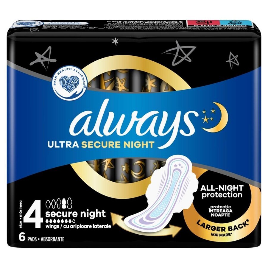 Always Ultra Secure Night, Damenbinden mit Flügeln, Größe 4, 6 Stück