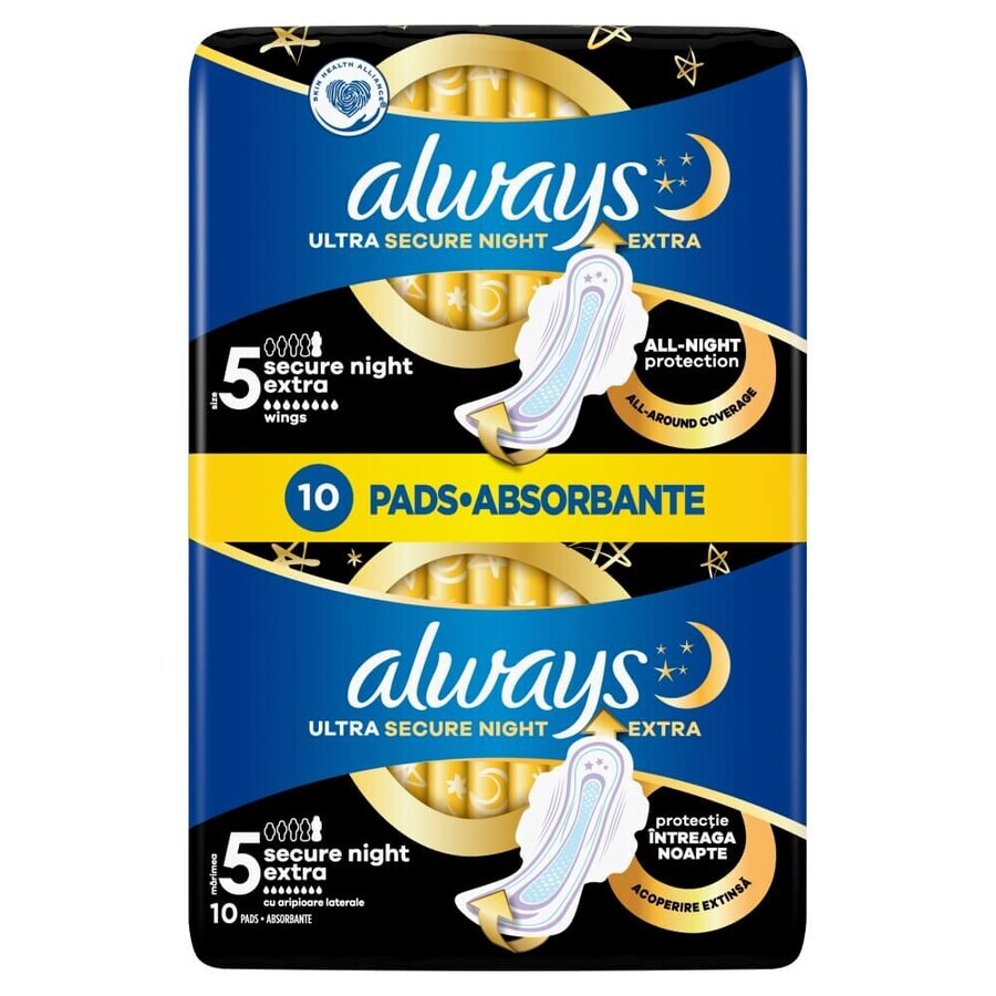 Always Ultra Secure Night, serviettes hygiéniques avec ailettes, taille 5, Extra, 10 pièces