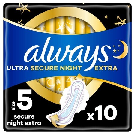 Always Ultra Secure Night, serviettes hygiéniques avec ailettes, taille 5, Extra, 10 pièces