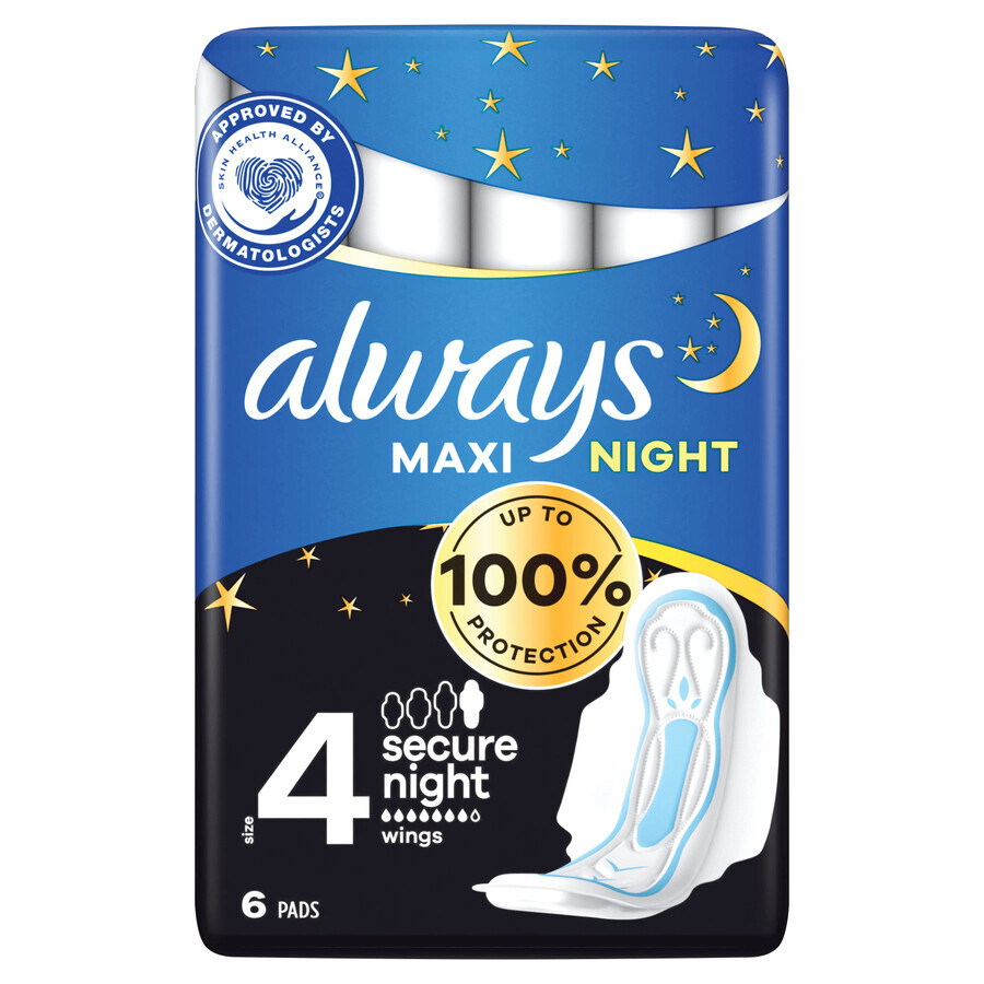 Always Secure Night, serviettes hygiéniques avec ailettes, taille 4, Maxi, 6 pièces