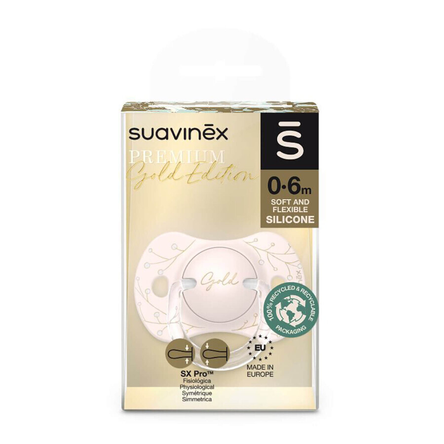 Suavinex SX Pro Gold Edition, Schnuller, Silikon, physiologisch, rosa, 0-6 Monate, 1 Stück 