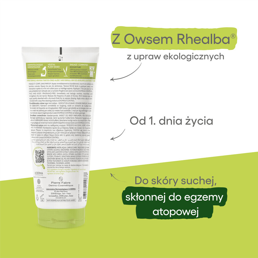 A-Derma Exomega Control, emollient cream, dry and atopic prone skin, from day 1, 200 ml