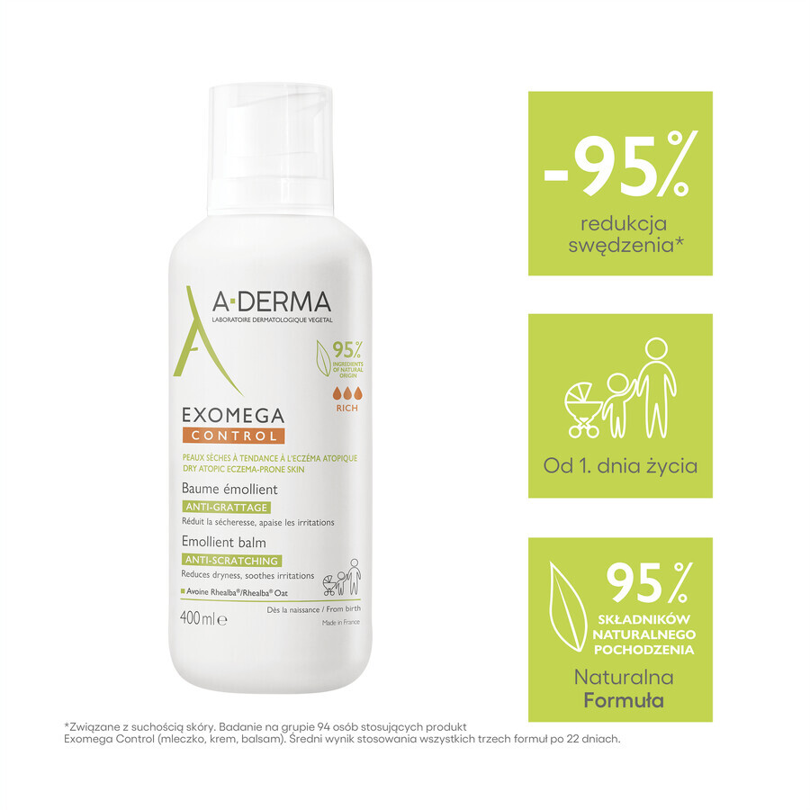 A-Derma Exomega Control, lotion émolliente, peaux sèches et à tendance atopique, dès le premier jour, 400 ml