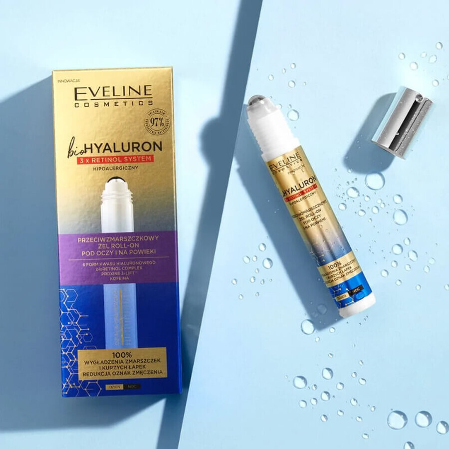 Eveline Cosmetics Bio Hyaluron 3 x Retinol, anti-rimpel roll-on gel voor ogen en oogleden, 15 ml