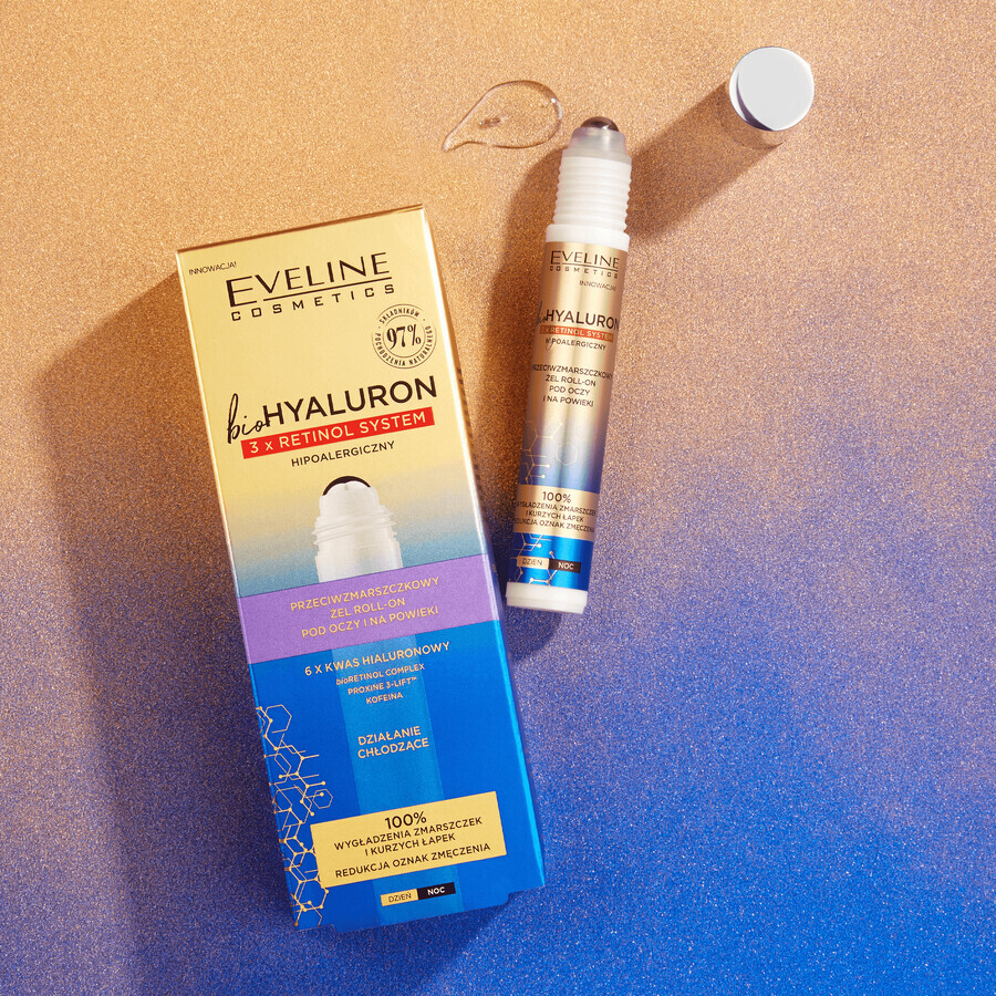 Eveline Cosmetics Bio Hyaluron 3 x Retinol, anti-rimpel roll-on gel voor ogen en oogleden, 15 ml