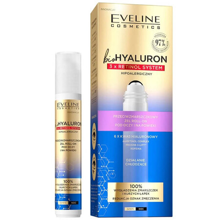 Eveline Cosmetics Bio Hyaluron 3 x Retinol, anti-rimpel roll-on gel voor ogen en oogleden, 15 ml