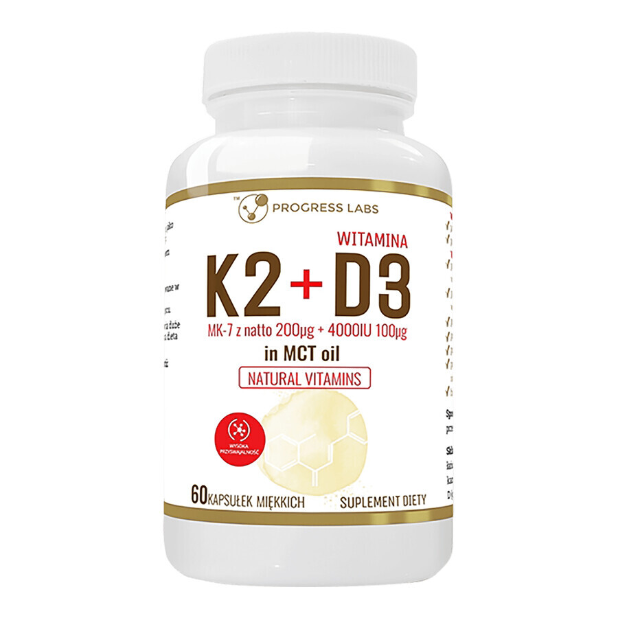 Progress Labs Vitamina K2 MK-7 con natto 200 μg + D3 4000 UI 100 μg en aceite MCT, 60 cápsulas blandas