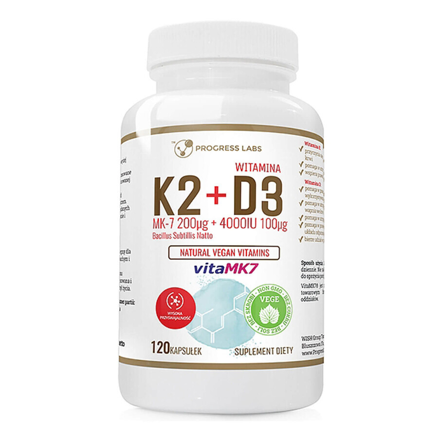 Progress Labs Vitamin K2 MK-7 200 µg + D3 4000 IU 100 µg, 120 vegan capsules