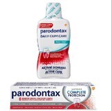 Kompletter Schutz Whitening-Zahnpasta Parodontax, 75 ml + Tägliche Zahnfleischpflege Fresh Mint Parodontax Alkoholfreie Mundspülung, 500 ml, Gsk
