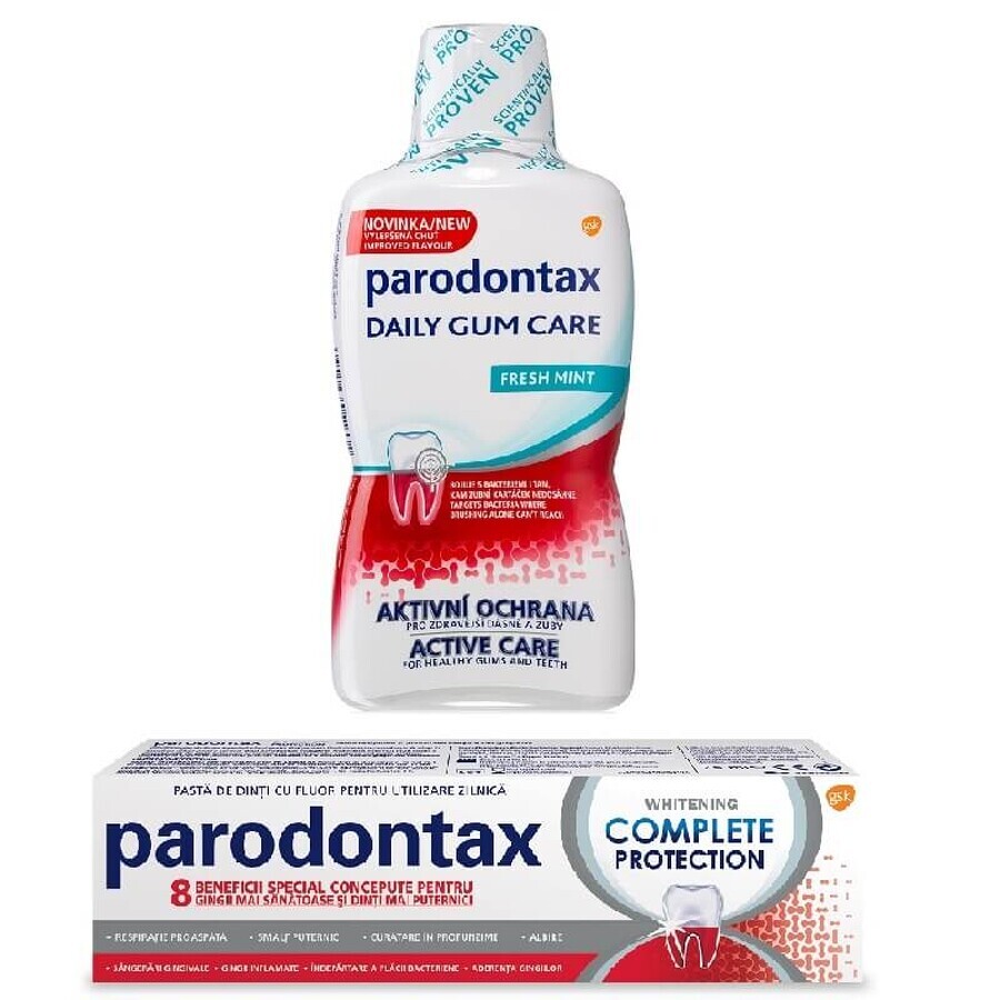 Protection complète Dentifrice blanchissant Parodontax, 75 ml + soin quotidien des gencives Bain de bouche sans alcool à la menthe fraîche Parodontax, 500 ml, Gsk
