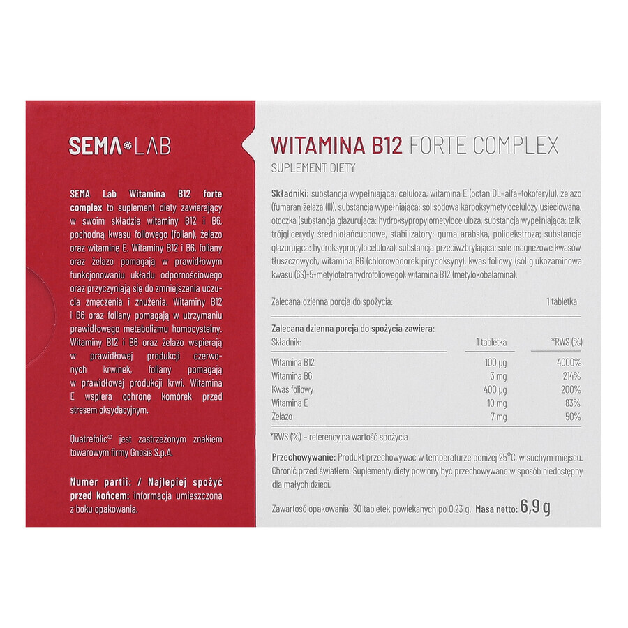 SEMA Lab Vitamine B12 Forte Complex, 30 comprimés pelliculés