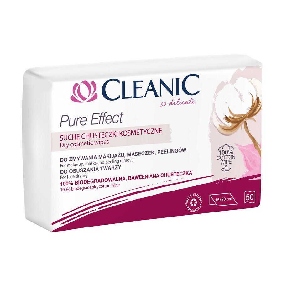 Cleanic Pure Effect, lingettes cosmétiques sèches, biodégradables, 50 pièces