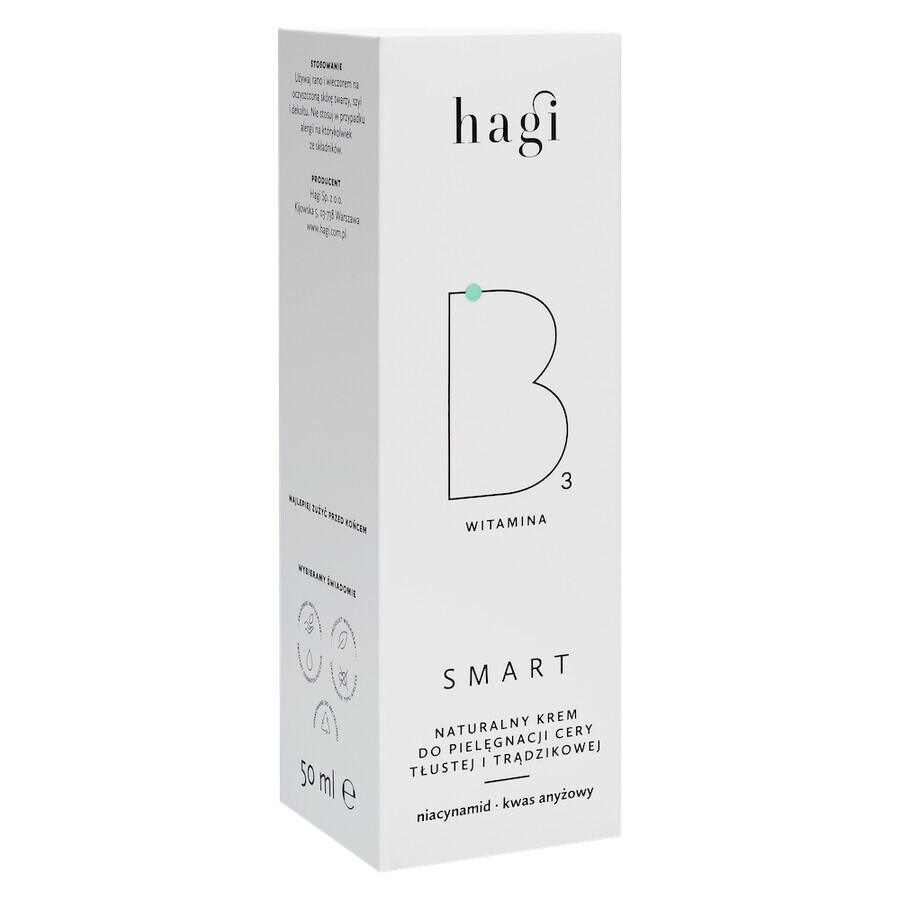 Hagi Smart B, crème naturelle pour les peaux grasses et acnéiques avec niacinamide, 50 ml