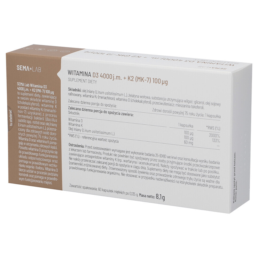 SEMA Lab Vitamina D3 4000 UI + K2 (MK-7) 100 µg, 60 capsule molli