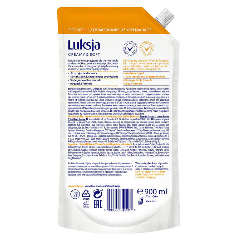 Luxja Creamy &amp; Soft, savon liquide crémeux, relaxant, jasmin et vanille, stock, 900 ml