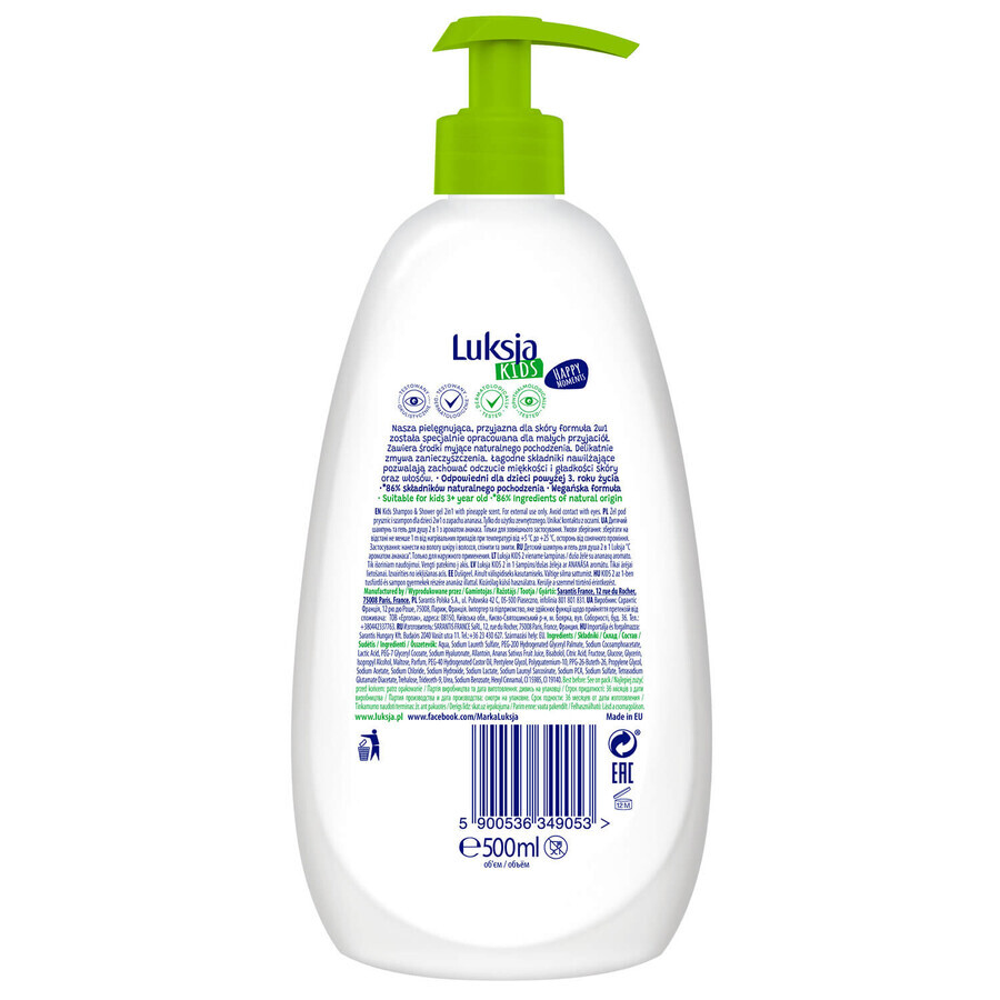 Luxja Kids, gel douche et shampooing 2 en 1 pour bébé, ananas, 500 ml