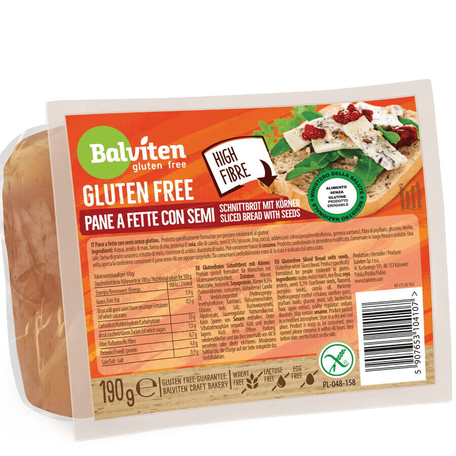 Pane a fette senza glutine con semi, 190 g, Balviten