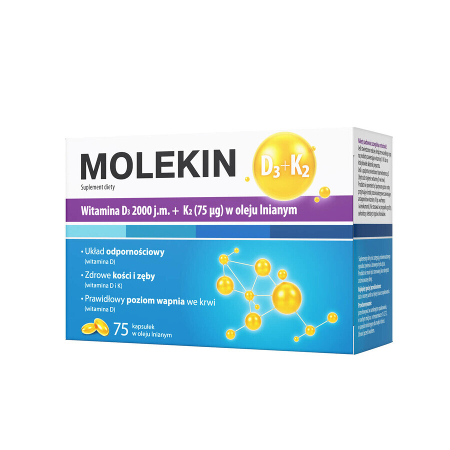 Molekin D3 + K2, vitamin D 2000 IU + vitamin K 75 µg in linseed oil, 75 capsules