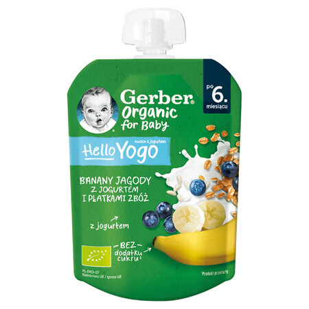 Gerber Organic dessert in tubo, banana, mirtilli con yogurt e cereali, dopo 6 mesi, 80 g