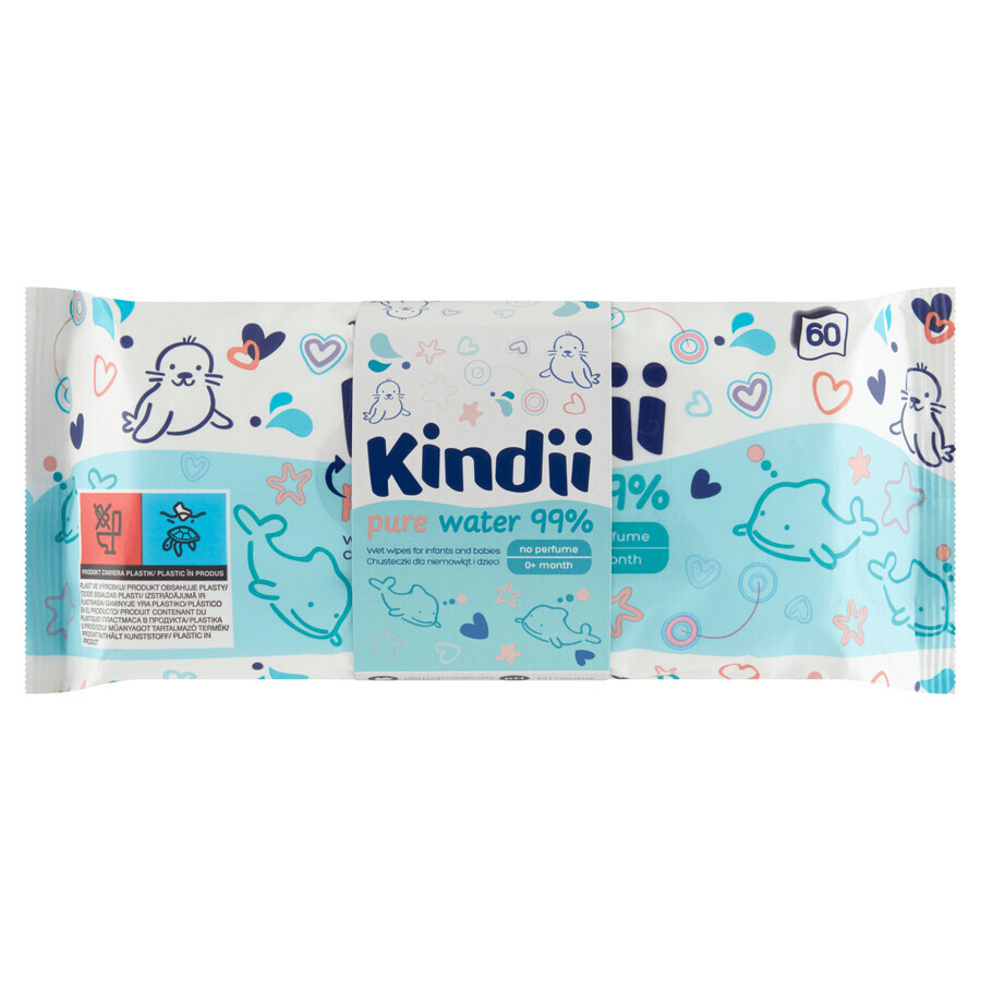 Kindii Pure Water 99%, lingettes humides pour bébés et enfants, 3 x 60 pièces