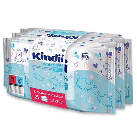 Kindii Pure Water 99%, lingettes humides pour bébés et enfants, 3 x 60 pièces