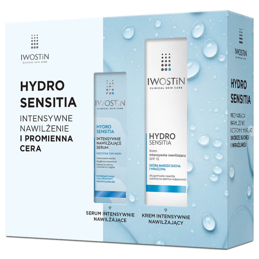 Set Iwostin Hydro Sensitia, cremă hidratantă intensivă, piele foarte uscată și sensibilă, SPF 15, 50 ml + ser hidratant intensiv, toate tipurile de piele, 30 ml