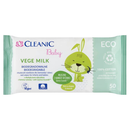 Cleanic Baby Eco Vege Milk, salviette umidificate biodegradabili per neonati e bambini, 50 pezzi