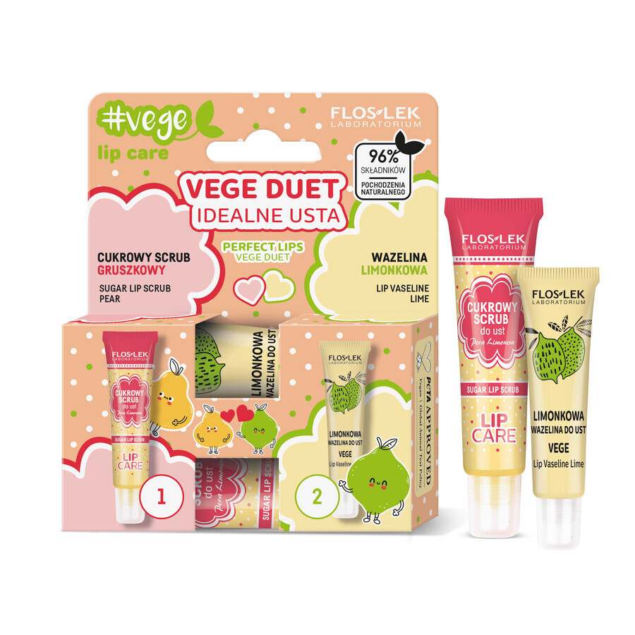 Flos-Lek Vege Duet Ideal Lips set, gommage au sucre pour les lèvres, poire, 14 g + baume pour les lèvres, citron vert, 10 g