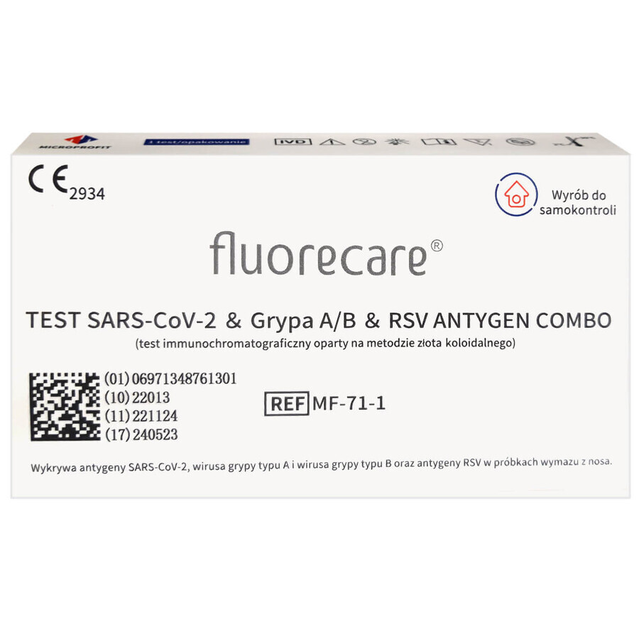 Fluorecare, kit de test combiné pour SARS-CoV-2, grippe A/B, antigènes RSV, Combo 4in1, 1 pièce