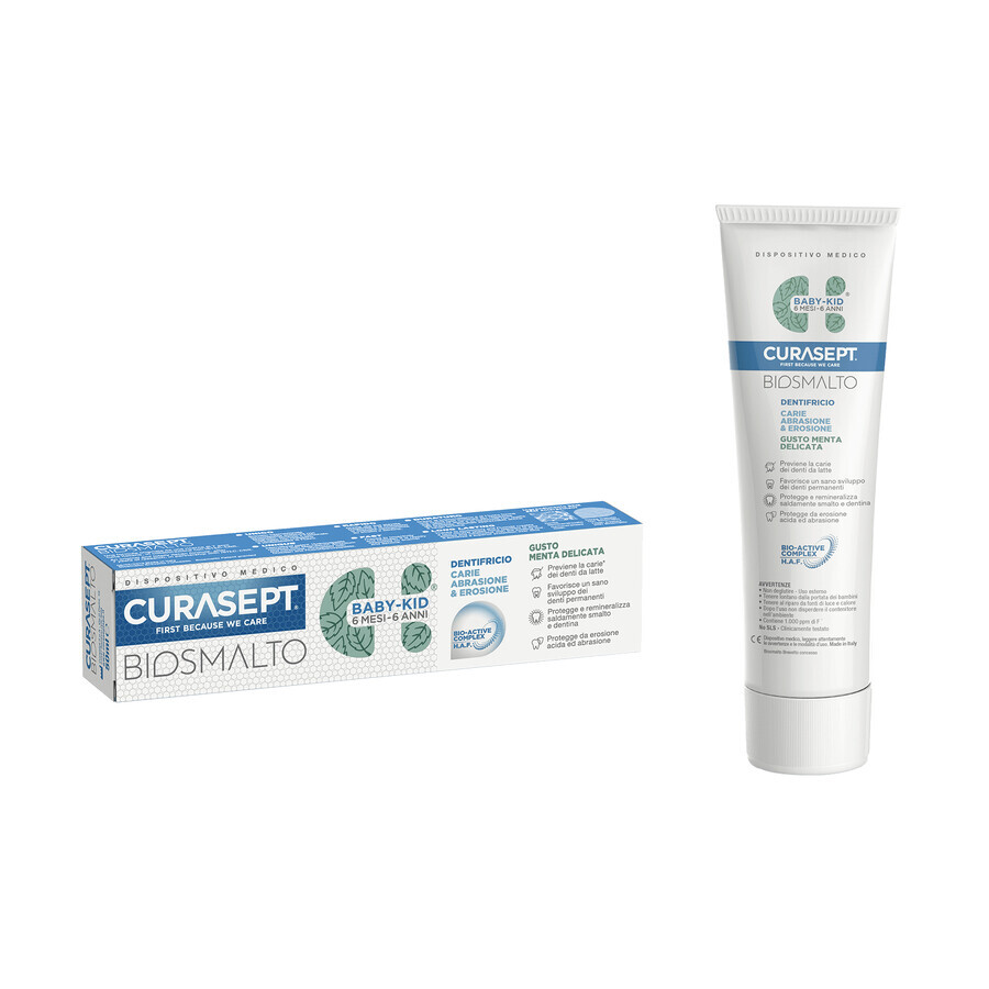 Curasept Biosmalto Baby-Kid, dentifrice pour bébés et enfants, goût menthe, de 6 mois à 6 ans, 50 ml