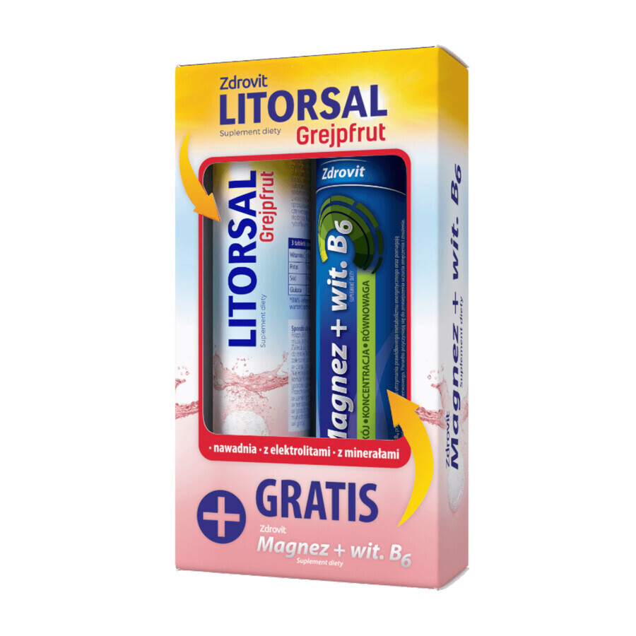 Zdrovit Litorsal Grapefruit, aromă de grapefruit, 24 comprimate efervescente + Zdrovit Magneziu + Vitamina B6, aromă de lămâie, 24 comprimate efervescente gratuit