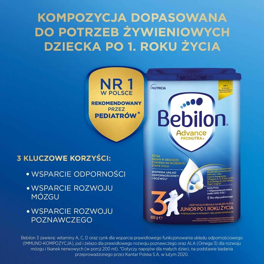 Bebilon Advance Pronutra 3 Junior, formula nutriente a base di latte, dopo 1 anno, 800 g