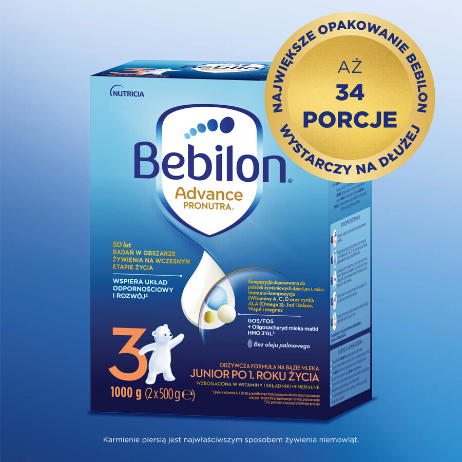 Bebilon Advance Pronutra 3 Junior, formula nutriente a base di latte, dopo 1 anno, 1000 g