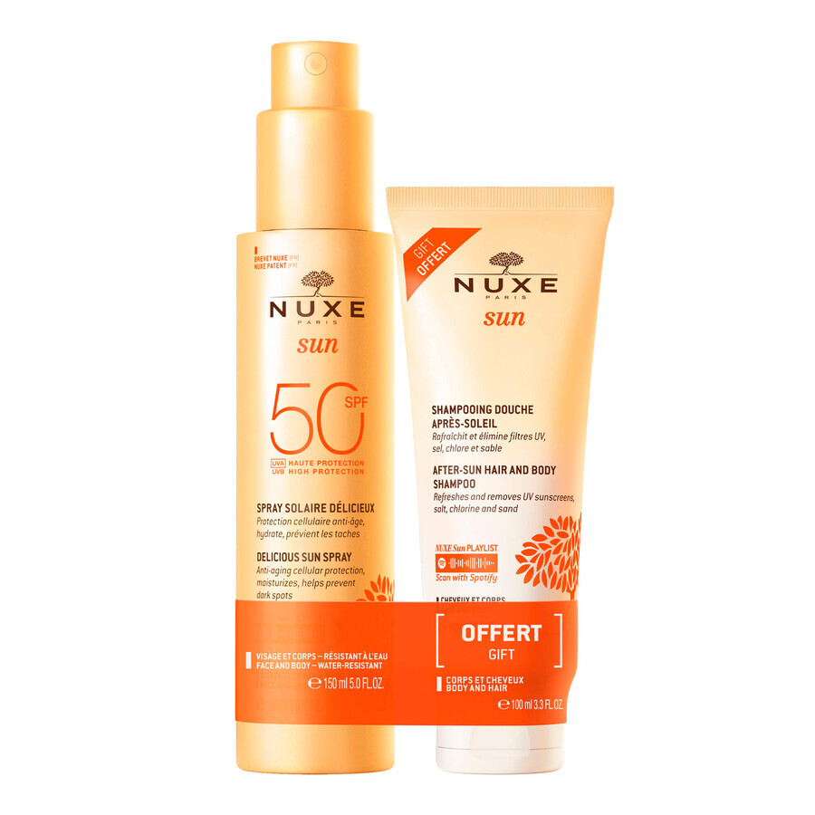 Nuxe Sun, Bräunungslotion für Gesicht und Körper, Spray, SPF 50, 150 ml + After-Sun-Duschgel, 100 ml gratis