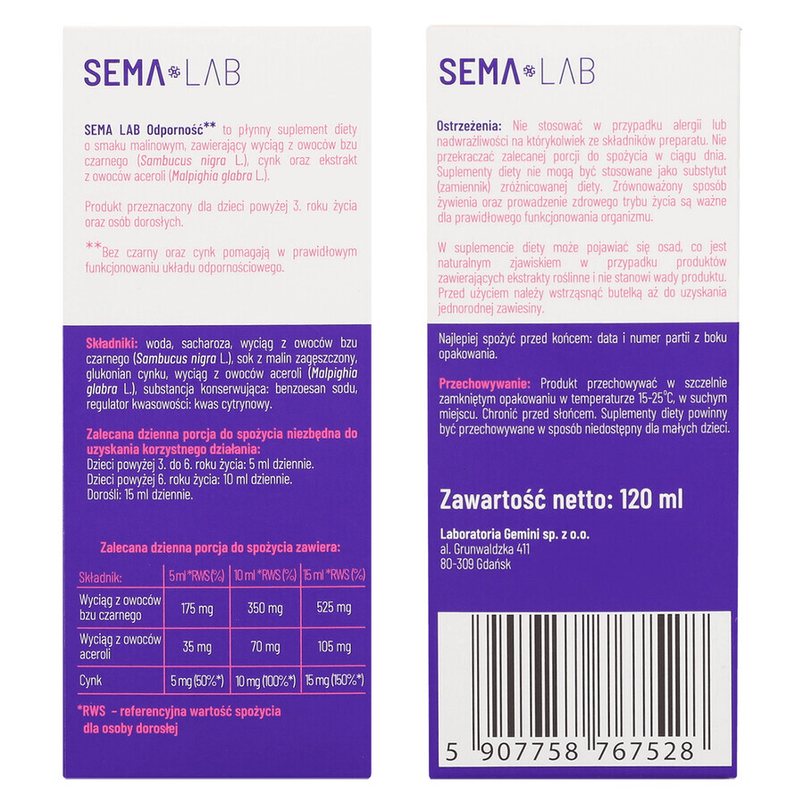 SEMA Lab Immunity, sirop pour enfants à partir de 3 ans et adultes, saveur framboise 