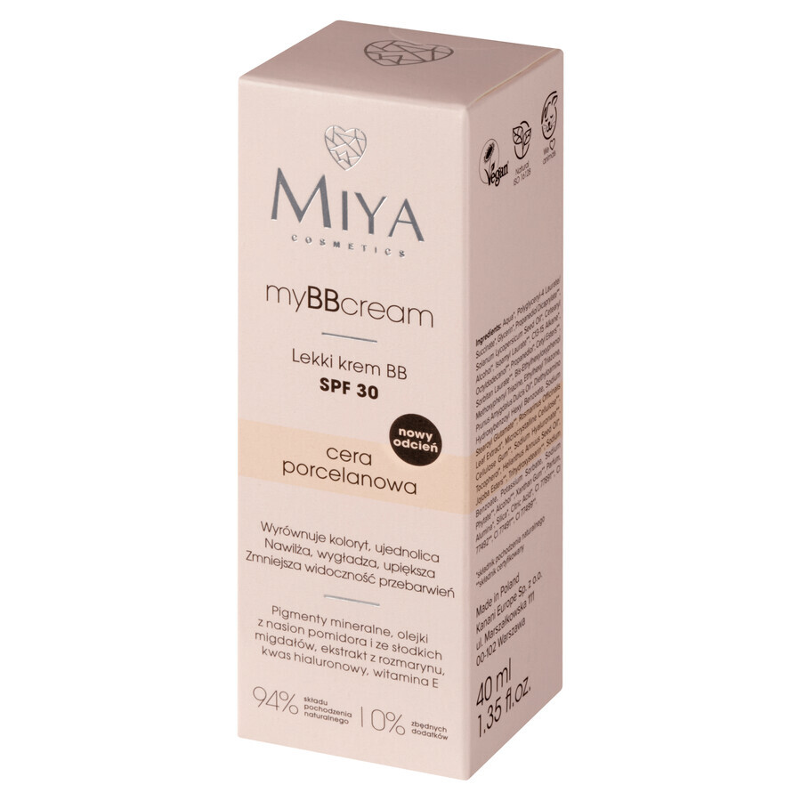 Miya myBBcream, cremă BB ușoară, ten de porțelan, SPF30, 40 ml 